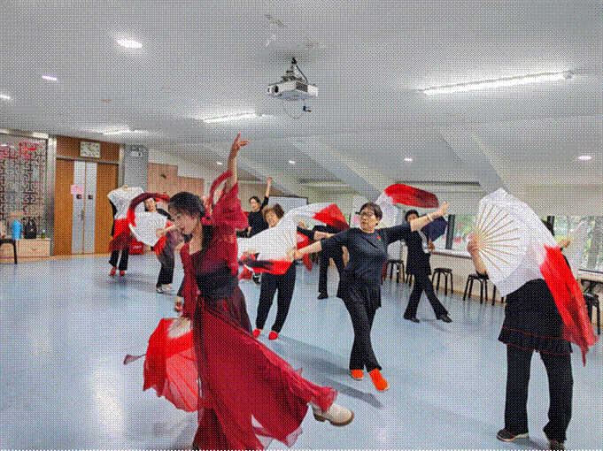 标题: 图2 - 说明 图2：团队带领社区舞蹈队开展《万疆》长绸扇舞教学